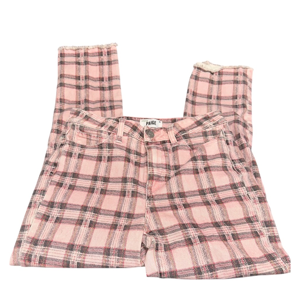 Paige Hoxton Slim Pink Plaid Jeans Raw Hem Stretch Women's 28